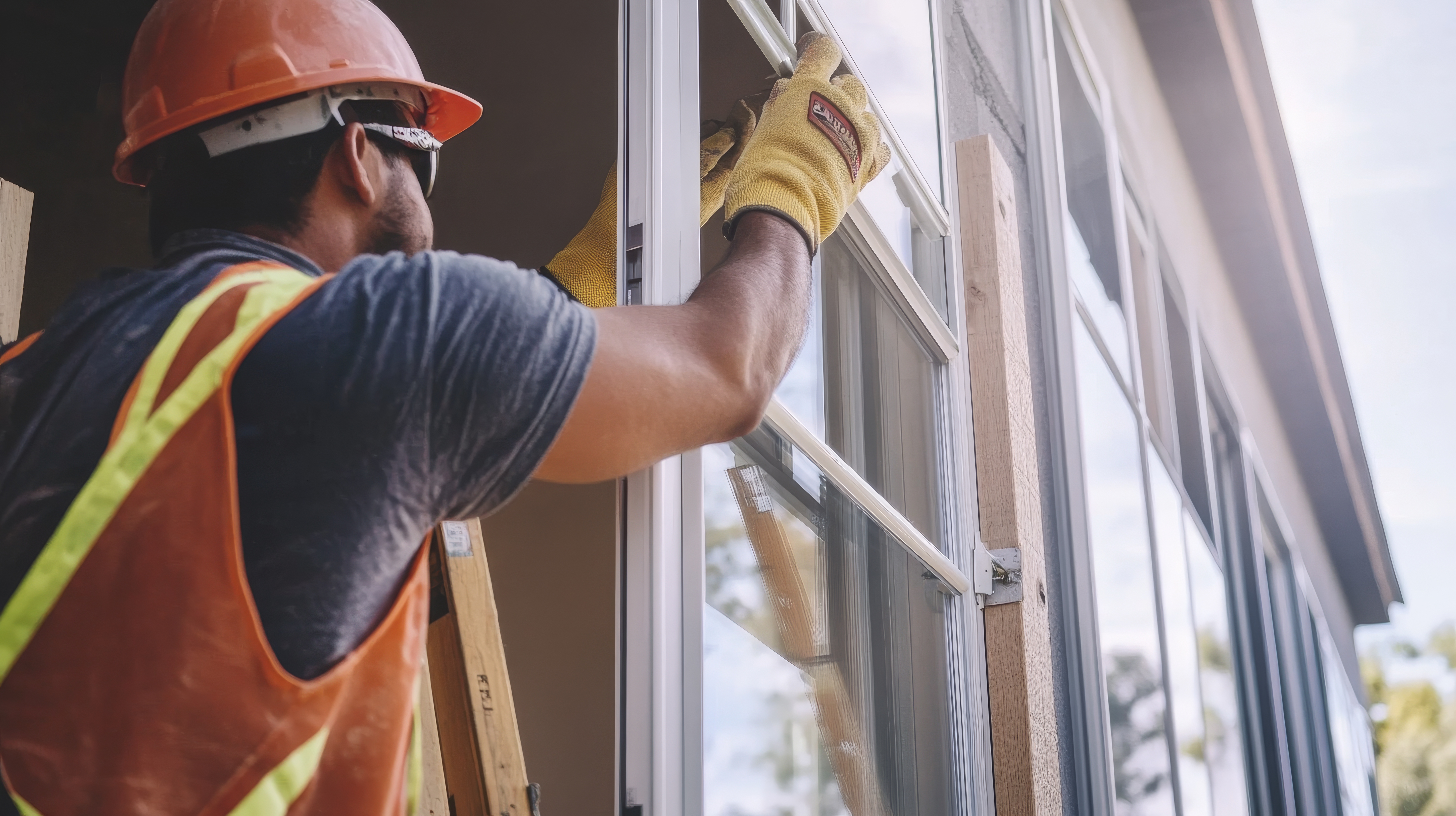A construction worker installing windows on a building. Featuring expertise and precision