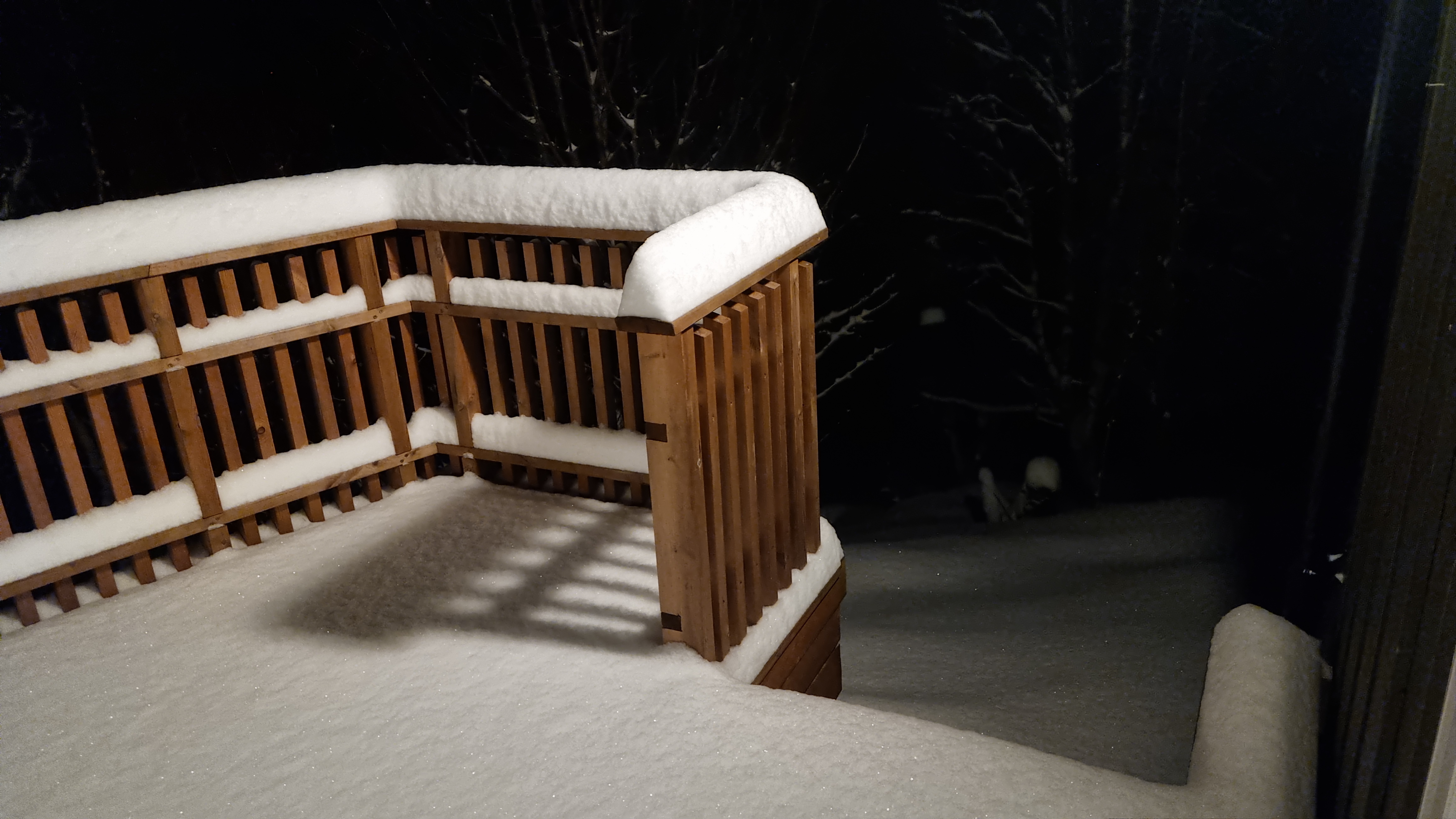 Snow blankets a wooden deck during the night. Surrounding trees are also covered in snow, creating a winter landscape. The scene shows a peaceful outdoor setting.